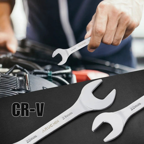 Ultra Thin Open End Wrench Set, 18-Piece SAE And Metric Tools From 1/4 Inch To 1-1/16 Inch And 5.5mm To 27mm, used on engine