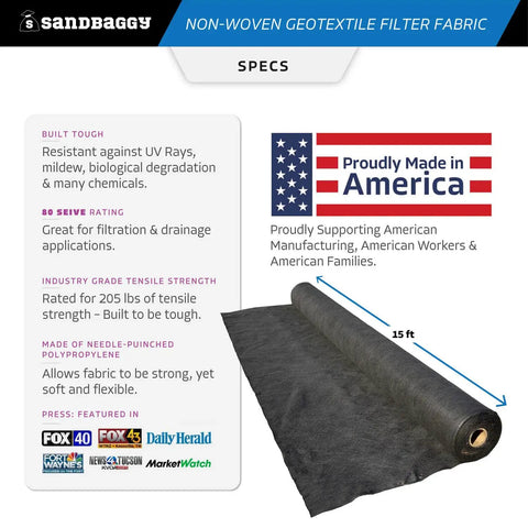 Rolled black landscape fabric labeled 'Made in America', 15 ft wide. Non Woven 8 Oz Geotextile Landscape Fabric Made In America 50 Year UV Protected Industrial Grade Material With 205 Lb Tensile Strength Dot Approved Roll 15 Ft By 50 Ft Heavy Duty Weed Barrier For Lawn And Garden DIY Projects