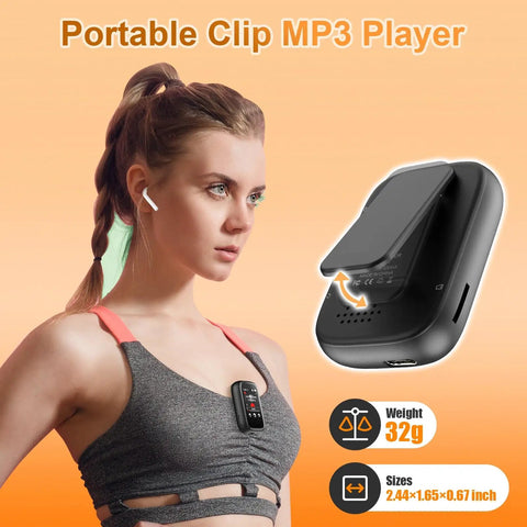 Woman using Bluetooth 5.3 Mp3 Player With Touch Screen Clip On Back Portable Kids Music Player during exercise