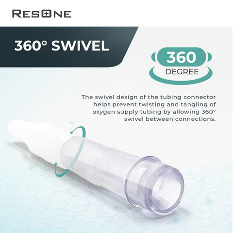Front view of ResOne 360-degree swivel oxygen tubing connector in clear plastic