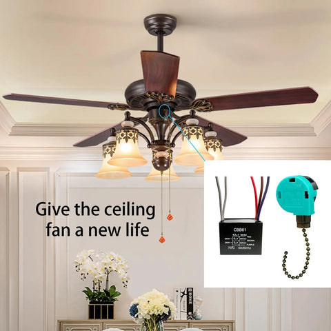Ceiling Fan Pull Chain Switch Kit With 3 Speed 4 Wire Control Includes CBB61 Capacitor Pack 4.5uF 6uF 5uF 250V 50/60Hz UL Listed