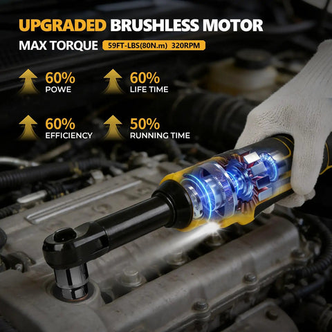 Upgraded Brushless Three Eighths Inch Cordless Ratchet Wrench With Sixty Foot Pounds Of Torque Variable Speed And LED Light