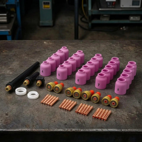 Grab This Awesome 58-Piece Luwecf TIG Consumables Kit For Your Torch, featuring alumina nozzles, collet bodies, and copper parts.