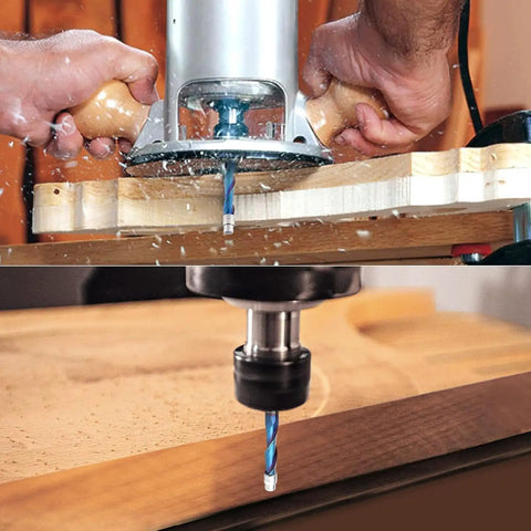 Hands using a flush trim router bit for precise wood shaping, showcasing its spiral design for clean cuts in wood.