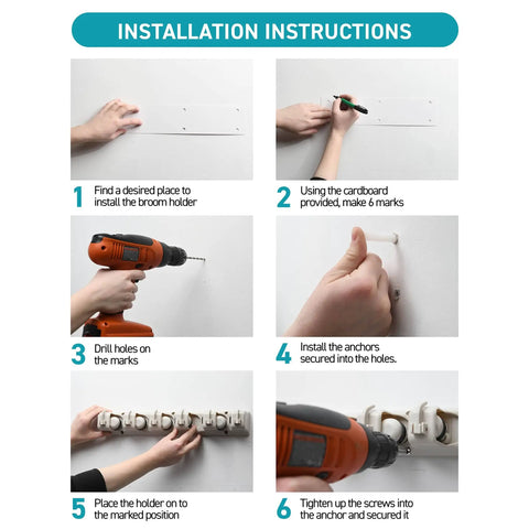 Installation guide for Mop And Broom Holder Wall Mount With Five Slots And Six Hooks, showing drilling and screw tightening steps.