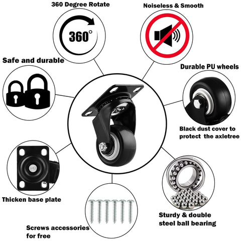 8-pack 1.5-inch swivel caster wheels with mounting plates, black PU wheels, no brakes