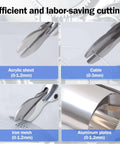 Close-up of metal shear cutting various materials like acrylic sheet, cable, iron mesh, and aluminum plates, showcasing versatility