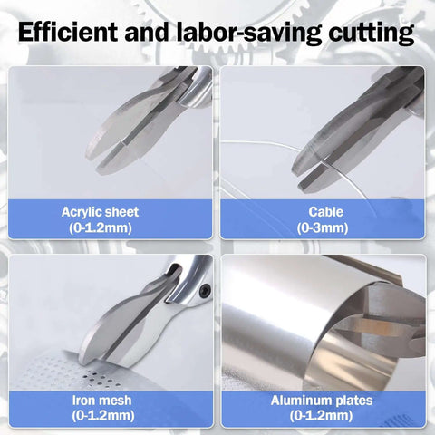 Close-up of metal shear cutting various materials like acrylic sheet, cable, iron mesh, and aluminum plates, showcasing versatility