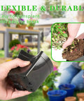 Square Nursery Pots 3.3 Inch Flexible Plastic Seedling Pots, hand holding pot with flexible base, outdoor background, for plants and flowers