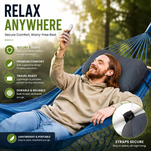 Person relaxing on hammock with Inflatable Camping Pillow With Removable Washable Cover For Backpacking Ultralight Air Pillow