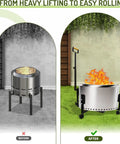 Comparison of fire pit setup before and after using Rolling Fire Pit Stand With Telescoping Handle And Wheels For 27 Inch Smokeless Pits 29.5 Inch Portable Easy Roll Mobile Cart Base Heavy Duty Outdoor Stand For Patio Deck Backyard And Camping