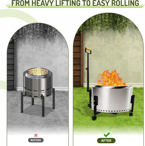Comparison of fire pit setup before and after using Rolling Fire Pit Stand With Telescoping Handle And Wheels For 27 Inch Smokeless Pits 29.5 Inch Portable Easy Roll Mobile Cart Base Heavy Duty Outdoor Stand For Patio Deck Backyard And Camping