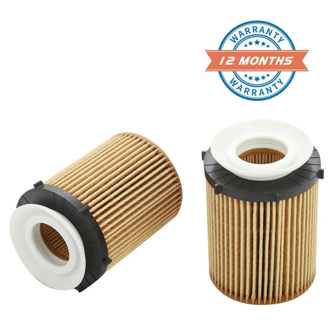 Mercedes-Benz Oil Filter Replacement Kit Two Pack For 2012-2023 C300 CLA250 E300 GLA200 showing filters and warranty badge