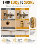 Comparison of loose cabinet hinge before and after using 6x14mm Door Hinge Repair Kit For Loose Cabinets And Furniture, M6 Short Expansion Inserts For Stripped Holes, Wood Anchors, Corrosion Resistant, High Strength, No Fuss Hinge Restoration