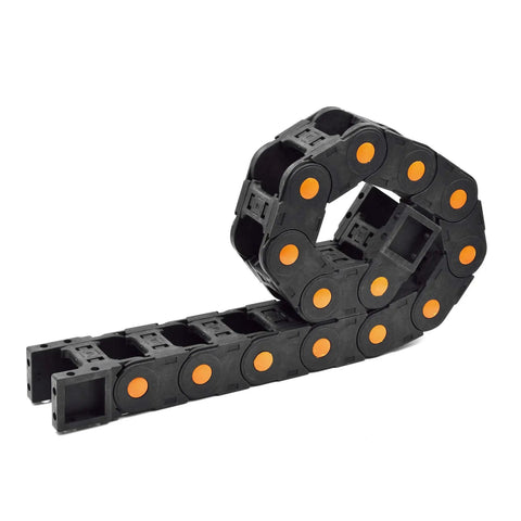 Open Type Drag Chain Cable Carrier With End Connectors R75 35x50mm, L1000mm Length, black plastic with orange links