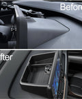 Before and after installation of Custom Fit Center Console Organizer Tray For Toyota Grand Highlander 2024 2025 2026 Behind Screen