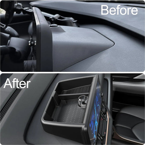 Before and after installation of Custom Fit Center Console Organizer Tray For Toyota Grand Highlander 2024 2025 2026 Behind Screen