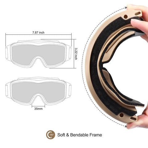 Fog Proof Airsoft Goggles With Interchangeable Lenses for Shooting and Outdoor Sports, side view, flexible frame, 2mm polycarbonate lenses.