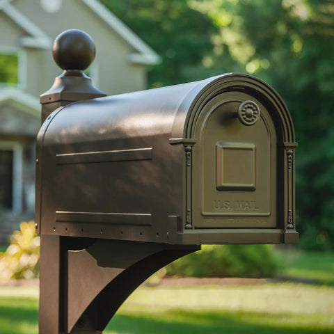 Heavy Duty Post Mounted Bronze Mailbox Built Tough With Weatherproof Galvanized Steel Large Curbside Mailbox With Magnetic Latch Rust Resistant Exterior Outdoor Durable Metal Mailbox For Home And Neighborhood outdoors in front of a house