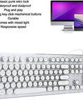 Badass 104 Key Mechanical Gaming Keyboard For PC Featuring Slick White Round Keys Durable Build Fire Multi Color Backlights Ergonomic Retro Punk Design Fast Reaction Speeds For Pro Gamers Who Crave Top Gear close-up view with round keys and USB cable.