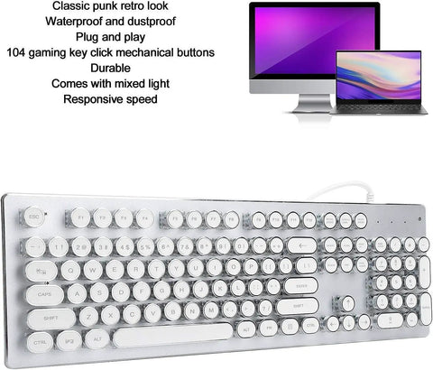 Badass 104 Key Mechanical Gaming Keyboard For PC Featuring Slick White Round Keys Durable Build Fire Multi Color Backlights Ergonomic Retro Punk Design Fast Reaction Speeds For Pro Gamers Who Crave Top Gear close-up view with round keys and USB cable.