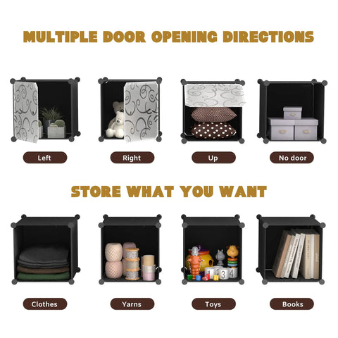Cube Storage Organizer With Doors 12 Cube Plastic Shelving Unit showing multiple door directions and storage for clothes, toys, books