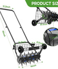 2 In 1 Rolling Lawn Aerator And Roller With Removable Gear Spikes For Easy Switch Heavy Duty Yard Tool shown with measurements
