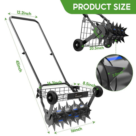 2 In 1 Rolling Lawn Aerator And Roller With Removable Gear Spikes For Easy Switch Heavy Duty Yard Tool shown with measurements