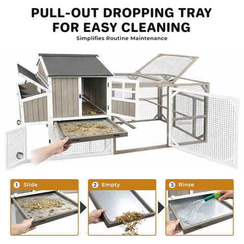 Spacious Backyard Chicken Coop With Walk-In Run And Wheels For 3 To 6 Hens, 95.3 Inch Wooden Hen House, Pull-Out Tray Cleaning Process