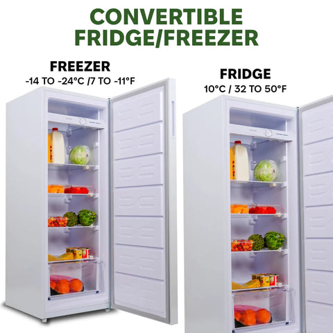 Sleek Upright Convertible Refrigerator And Freezer Serving 6.8 Cu Ft Of Flex Storage showing compartments for fridge and freezer.