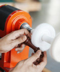 Woodworking Lathe Buffing System Two Step 4 Inch Wheel Buffing Mandrel with MT2 Morse Taper Mounts in use on lathe