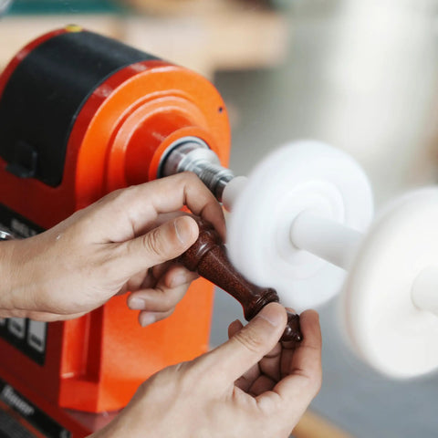 Woodworking Lathe Buffing System Two Step 4 Inch Wheel Buffing Mandrel with MT2 Morse Taper Mounts in use on lathe