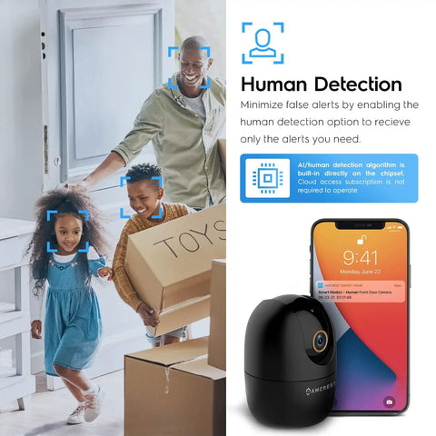 Father and daughter unpack boxes beside 4MP WiFi Indoor Camera With Pan Tilt Zoom, Pet And Baby Monitor, Human And Pet Detection