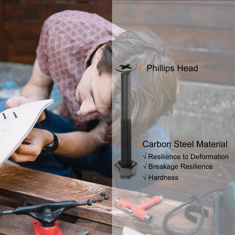 Two Inch Carbon Steel Skateboard Mounting Hardware Set, 8 Screws And 8 Nuts With Flat Heads, 50mm Long, illustrated with Phillips head bolt