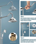 Polished Chrome Shower System With 8 Inch Rainfall Head 12 Inch Extension Tube Handheld Spray Dual Lever Mixer All Metal Brass Construction Wall Mount Bathroom Combo Set Easy Install And No Fuss Water Control, showing adjustable height feature and brass material.
