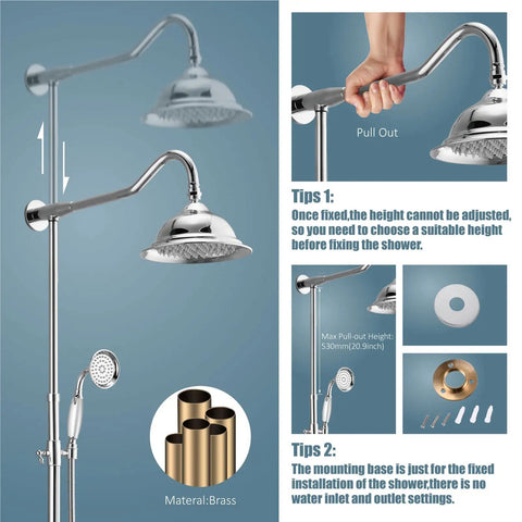 Polished Chrome Shower System With 8 Inch Rainfall Head 12 Inch Extension Tube Handheld Spray Dual Lever Mixer All Metal Brass Construction Wall Mount Bathroom Combo Set Easy Install And No Fuss Water Control, showing adjustable height feature and brass material.