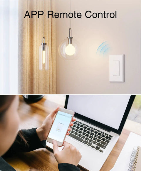 Smart WiFi Light Switch For Single Pole Lights 2.4Ghz Works With Alexa And Google Home Neutral Wire Required UL Certified Voice Control 120V 15A Max 4 Pack Easy Install Not For Three Way showing remote control via smartphone app and two ceiling lights