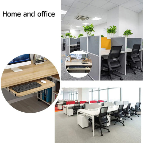 Under Desk Keyboard Tray Pull Out Drawer With Buttery Smooth Glide Rails Height Adjustable Ergonomic Mouse Pad Shelf in office setting.