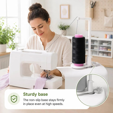 Heavy Duty Thread Spool Stand For Sewing Machines And Sweet White Cone Holder With Massive Capacity holding black cone thread.