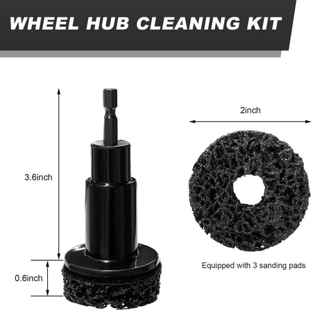 Pro Grade Wheel Hub Cleaning Kit With Brake Resurfacing And Three Rust Removal Pads visible with 3.6 inch tool and 2 inch pad.