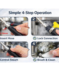 4-step operation of Espresso Machine Steam Wand Cleaning Brush With 36 Inch Silicone Hose And Spoon End For Pro Baristas.