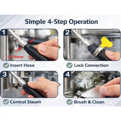 4-step operation of Espresso Machine Steam Wand Cleaning Brush With 36 Inch Silicone Hose And Spoon End For Pro Baristas.