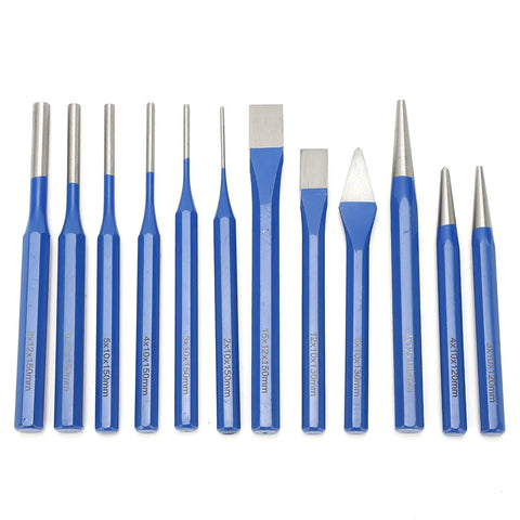 12-Piece Chisel and Punch Kit for DIY Projects, Pro-Grade Chrome Steel Tools Including Center Punches, Cylindrical and Flat Chisels