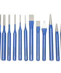 Get The Ultimate 12Pcs Chisel Punch Kit For Serious Metalworking And Engineering Projects Featuring Heat Treated CRV Steel Handles That Deliver Heavy Duty Performance With Precision Conical Cylindrical Flat Tips For Every Tough Job You Gotta Ace Out. 12-piece blue CRV steel punch set with assorted tips