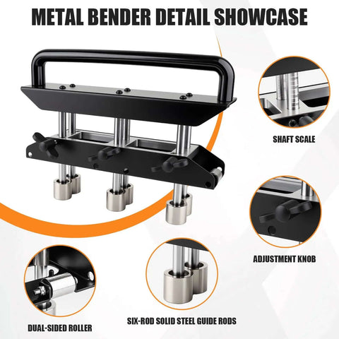 Detail showcase of Pro Grade Three Station Edge Roller Bender for metal roofing, includes dual-sided roller and adjustment knob.