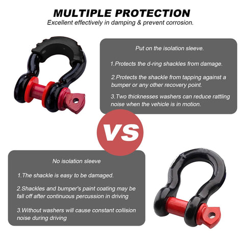 Comparison of shackles with and without Built Tough Rubber Shackle Isolators And Washers Kit For Three Quarter Inch Shackles