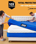 People using blue Mattress Bags For Moving And Storage Water Resistant Protector Cover for queen bed, heavy-duty with zipper.