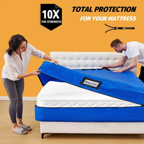 People using blue Mattress Bags For Moving And Storage Water Resistant Protector Cover for queen bed, heavy-duty with zipper.