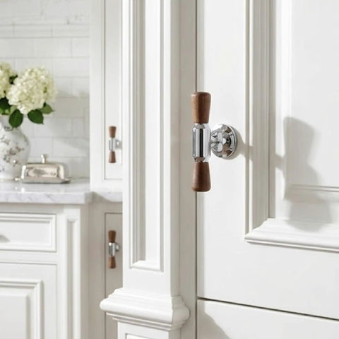Killer Combo Solid Brass And Dark Walnut Wood T Bar Cabinet Knobs With Hefty Drawer Pulls For Modern Rustic Kitchen Cabinets And Bath Vanity Interior Hardware on white kitchen cabinet.