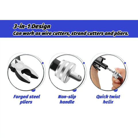 Aircraft Safety Wire Twisting Pliers Set, 3-in-1 Wire Cutter, Strand Cutter, and Pliers, showing forged steel pliers and non-slip handle.
